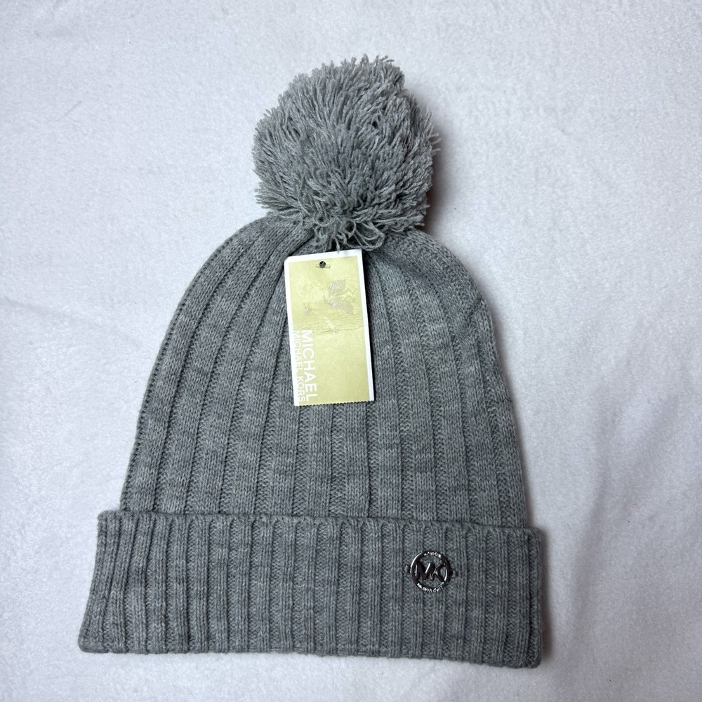 New Michael Kors Gray Winter Ribbed Knit Cuffed Pom Pom Beanie Hat Stocking Cap